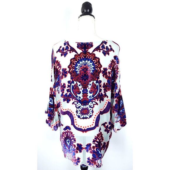 Hale Bob Silk Chiffon Velvet Burnout Blue Orange Kimono Tunic Top Size Small - Picture 3 of 8